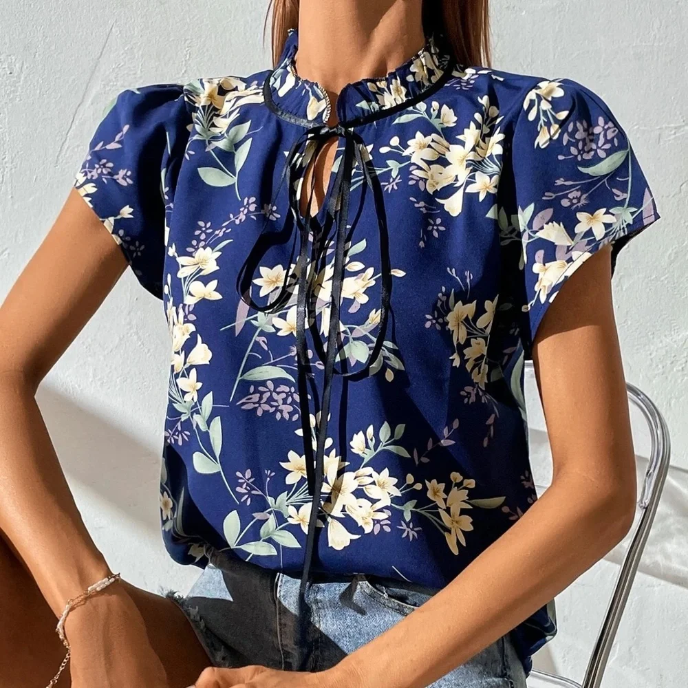039 Boho Floral Print Mock Neck tie Blouse - Picture 6 of 7